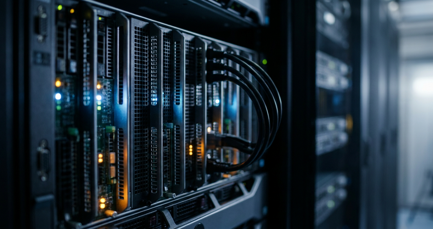 A sleek, moody macro shot of high-performance enterprise server blades glowing in a modern data center rack.