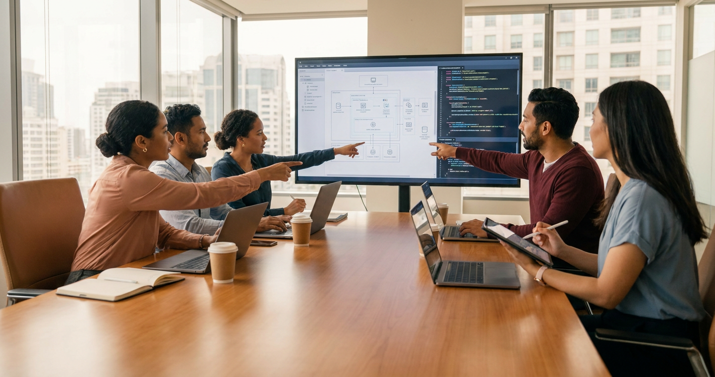 Fintech executives and engineers discuss architectural roadmaps and team efficiency around a conference table.