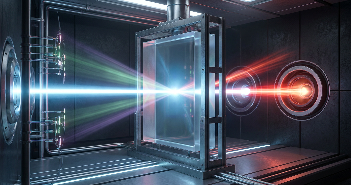 A monolithic glass prism intercepting an energy beam to redirect faint rays into light sensors and concentrated surges into deep focal cores.