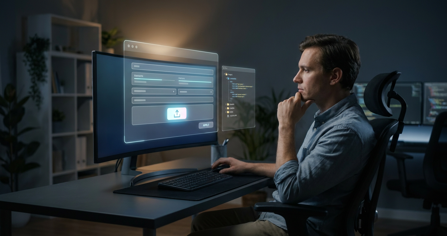 A software engineer at a modern workstation thoughtfully reviewing a luminous task proposal hovering before an approval interface.
