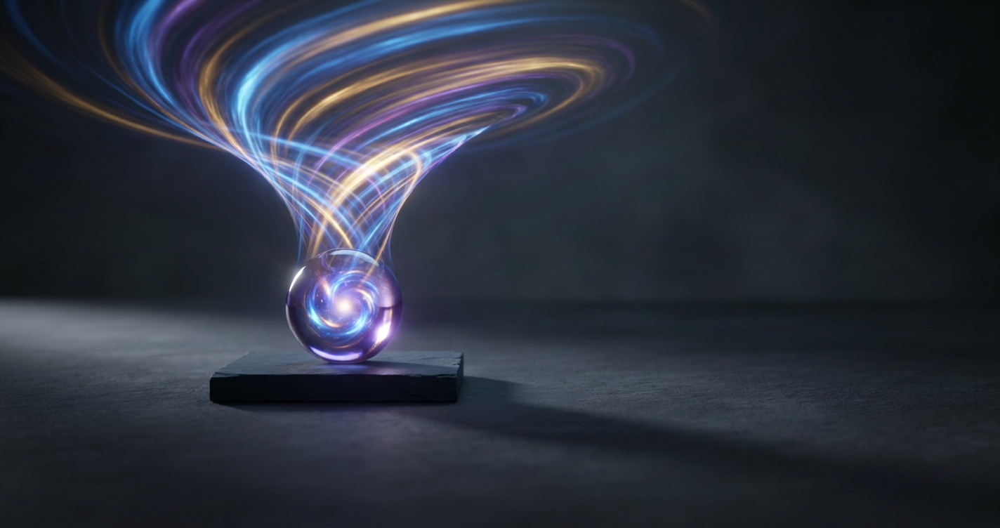 A radiant energy vortex channeled and distilled into a small dense luminous capsule on a minimalist dark surface.
