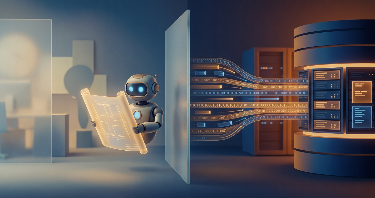 AI assistant behind a glass wall while data flows around it into a table