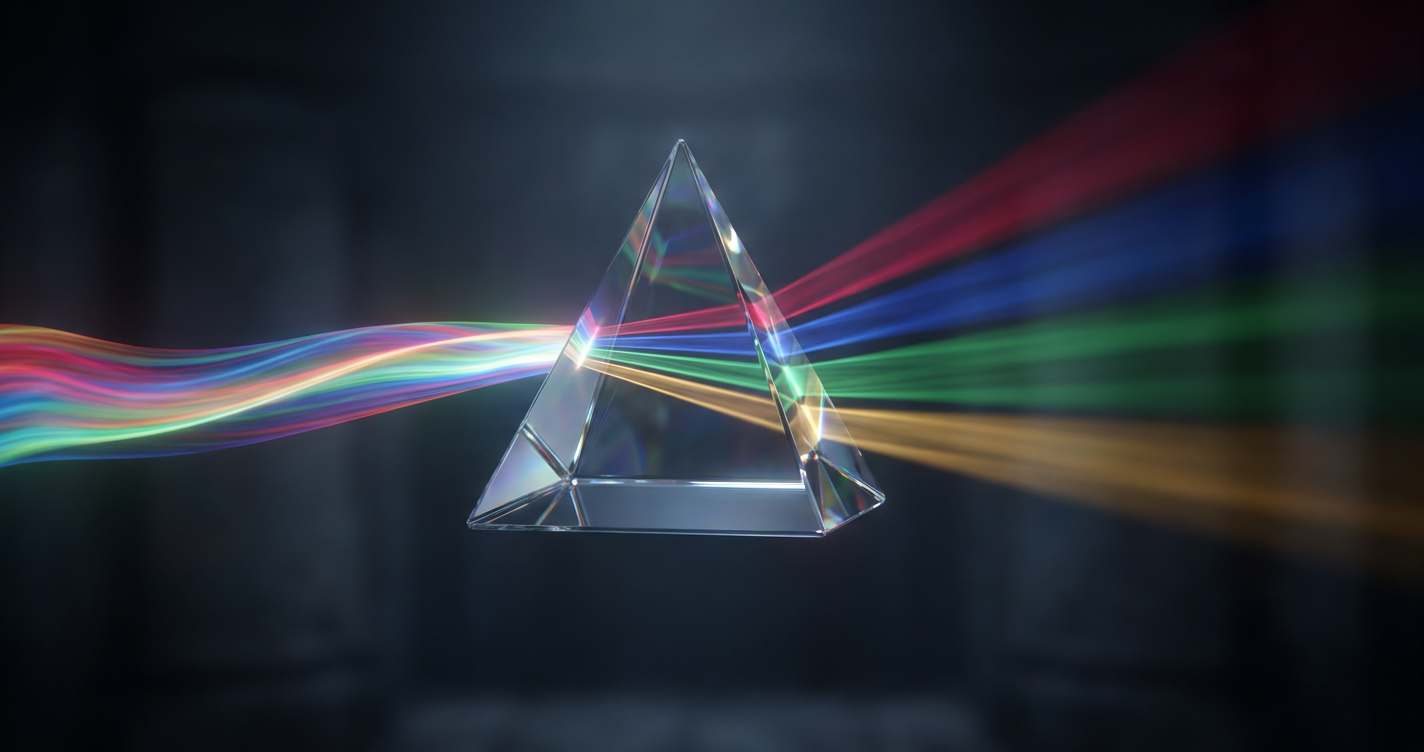 A continuous ribbon of multicolored light passes through a faceted crystal prism, cleanly splitting into distinct directional beams.