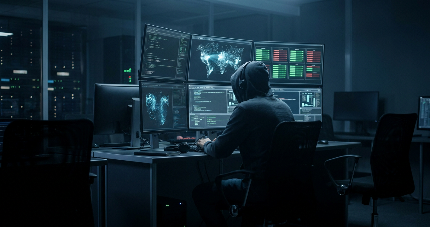 An on-call engineer intently monitoring glowing server telemetry on multiple screens in a dark command room.