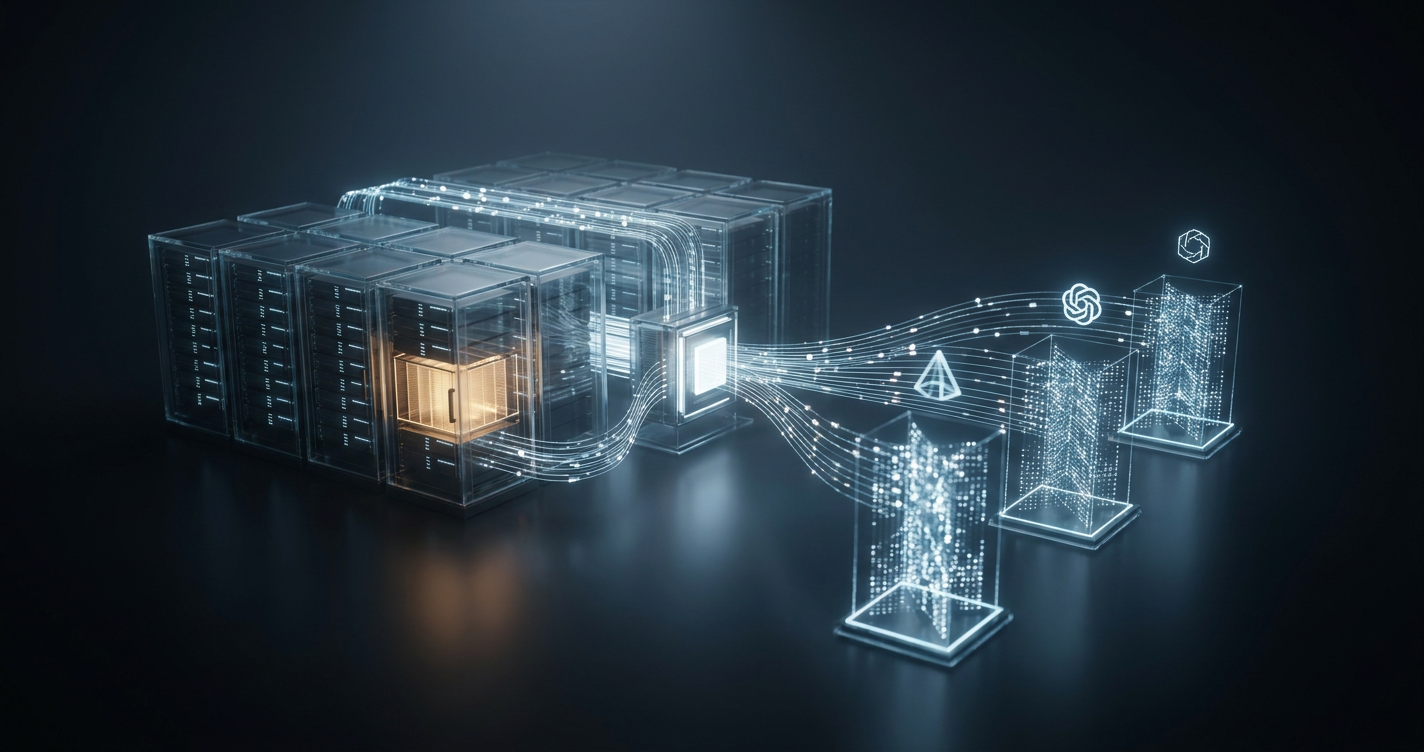 Conceptual rendering of server nodes distributing repetitive prompts across AI models.