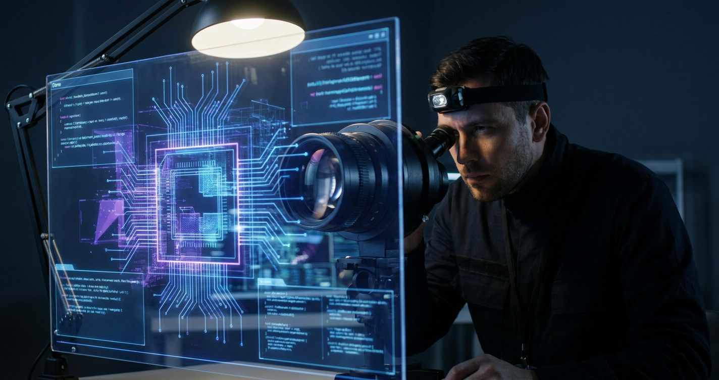 A focused technical specialist examining intricate glowing digital architecture through a high-precision optical lens to detect hidden flaws.