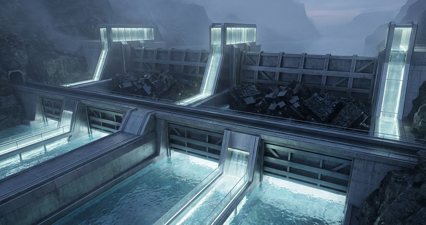 A cinematic architectural system of illuminated sluice gates diverting clean water while halting unyielding debris at reinforced barriers.