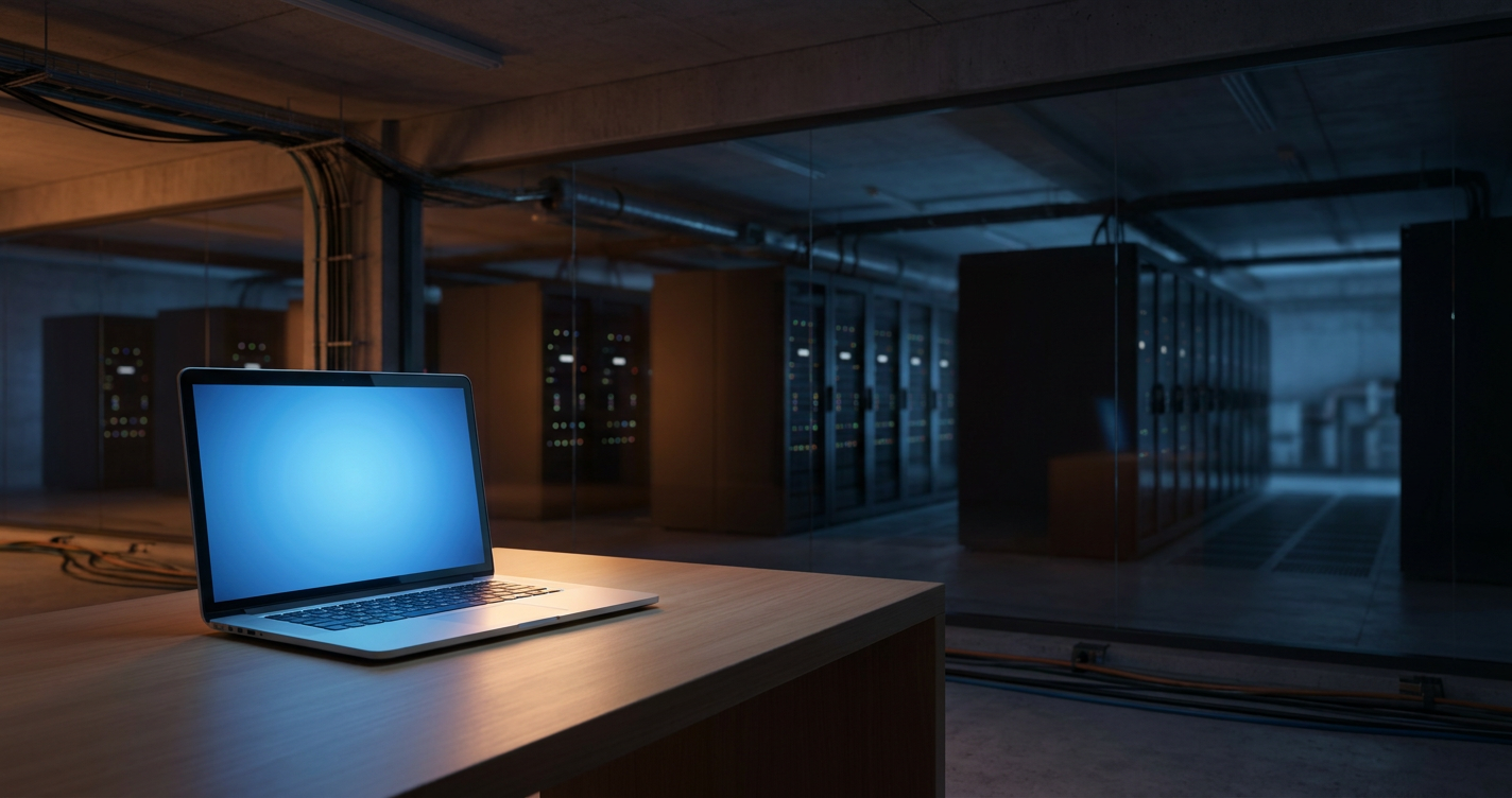 A sleek modern laptop glowing on a minimalist desk softly juxtaposed against a massive, dimly lit enterprise server room.