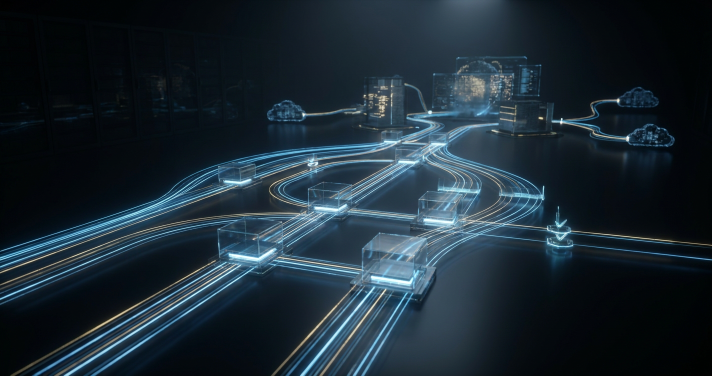 Luminous data streams moving through sequential processing nodes and validation checkpoints in an elegant dark environment.