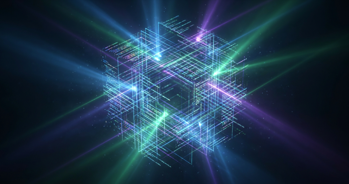 An intricate three-dimensional matrix of software code bathed in soft laser light during rapid and repeated algorithmic analysis.