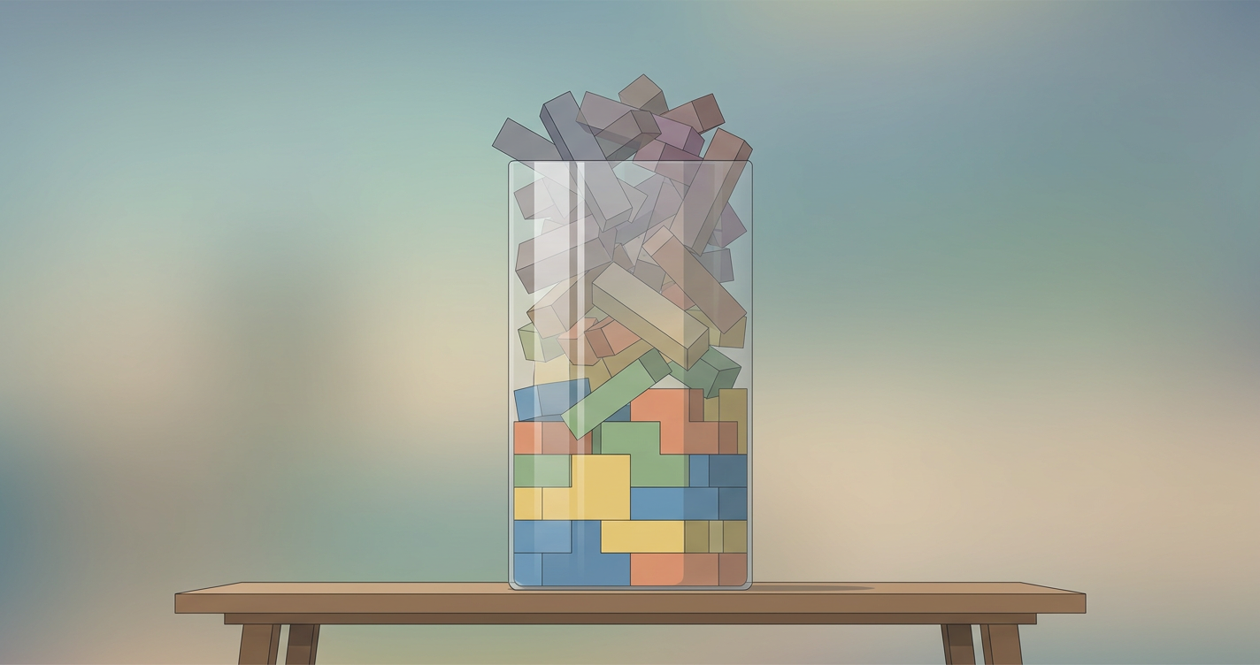 A tall glass container filled with neat colored blocks at the bottom that become tangled, chaotic, and faded near the top in a flat editorial style with muted tones.