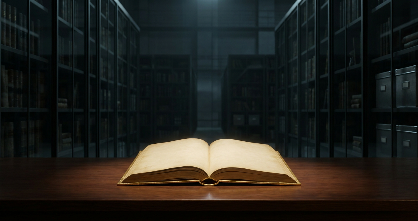 A focused spotlight illuminating an open golden journal on a sleek desk against towering glass archive shelves fading into shadow.