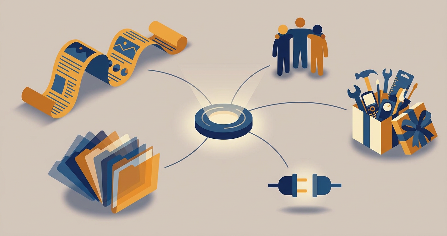 Five distinct tools around a hub: instructions file, skills, subagents, MCP and plugins