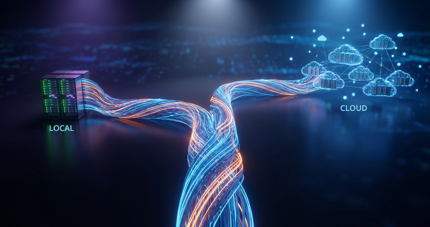 A conceptual glowing data pipeline dynamically splitting requests between a compact local server and an expansive cloud network.