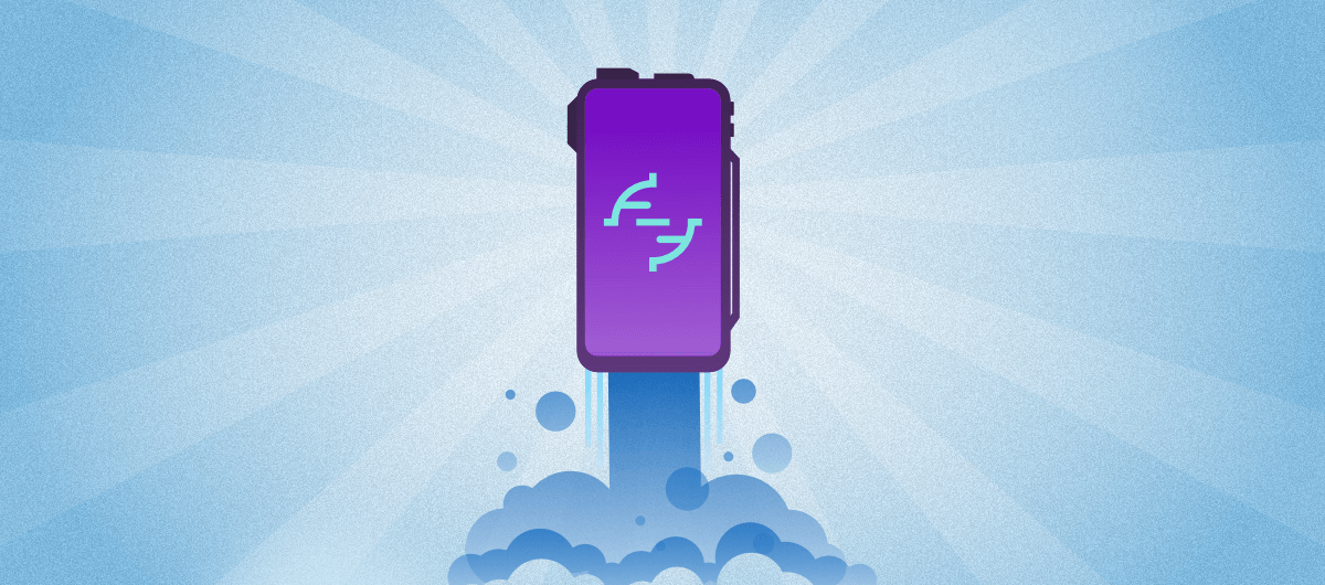 a purple phone floating on top of a cloud filled sky