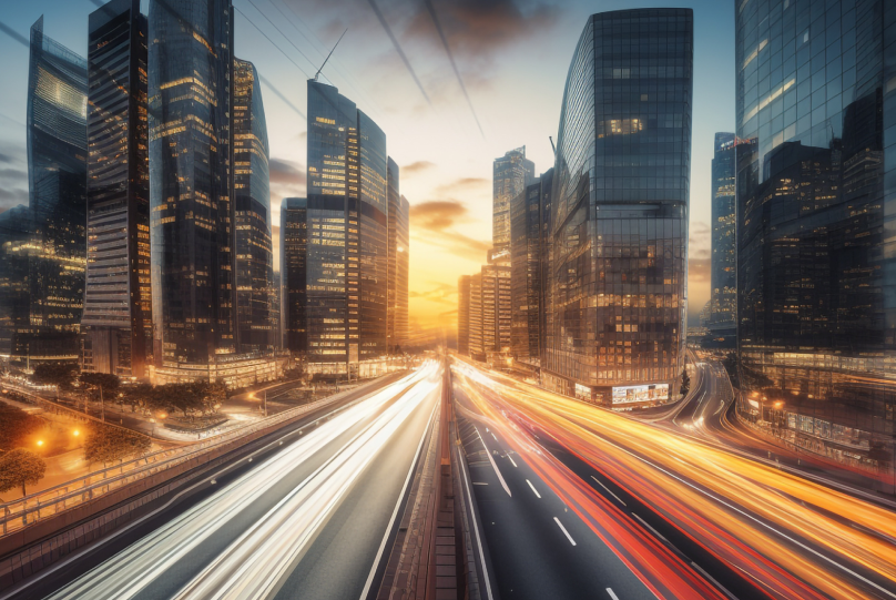 Highway and skyscrapers in the downtown proptech real estate - - top prop tech comapnies