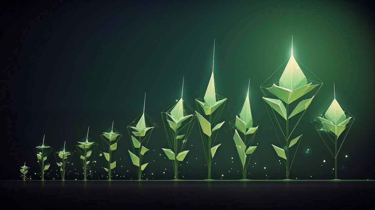 top fintech companies in the UK - Future-style polygonal evolution, or seedling growth, in digital form. Generative AI, company and revenue growth