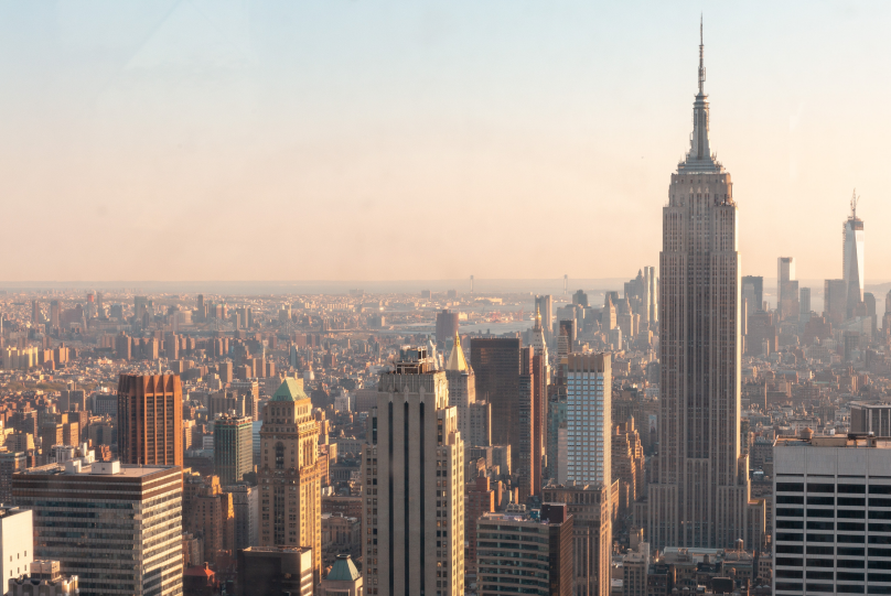 New York tall buildings on the background of the evening sunset