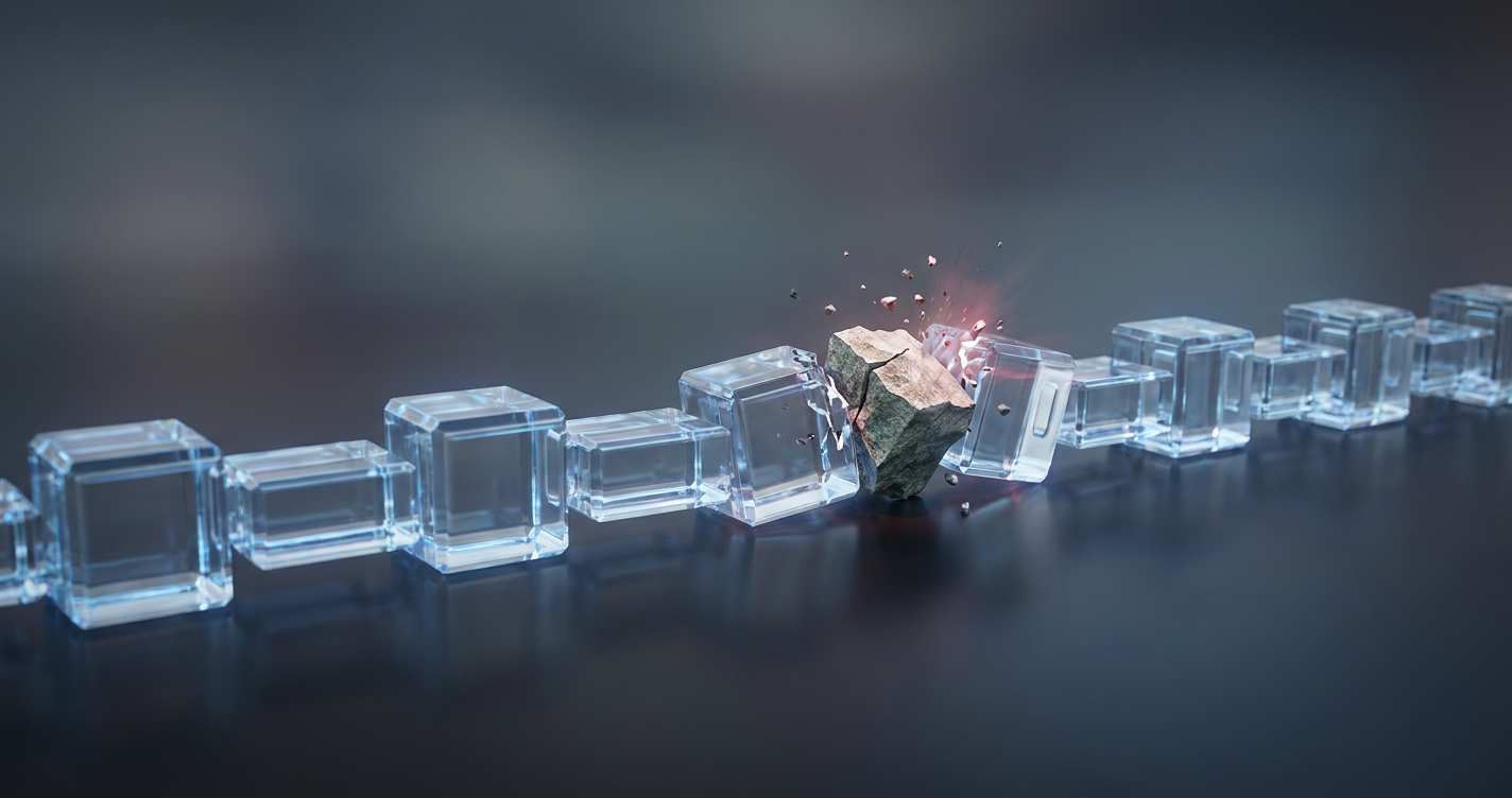 A line of engineered crystalline blocks linked sequentially, showing a sudden structural break where an incompatible link is inserted.