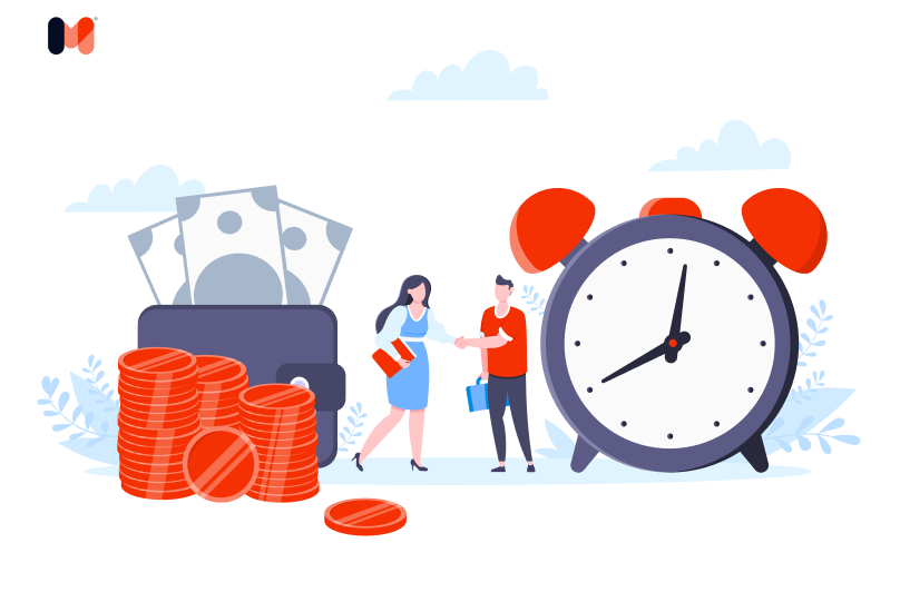 two people standing next to a phone and a stack of coins - fixed price vs t&m